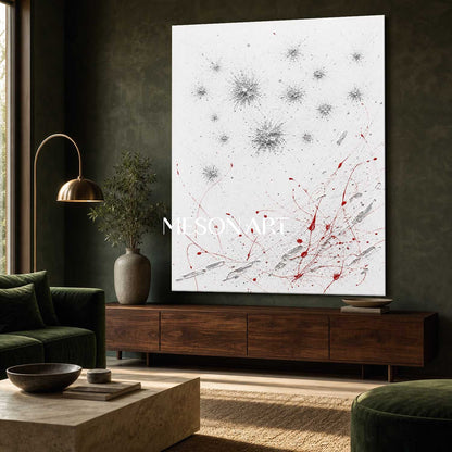 Original Silver Red Pollock Style Oil Painting On Linen Canvas For Modern Living Room Decor