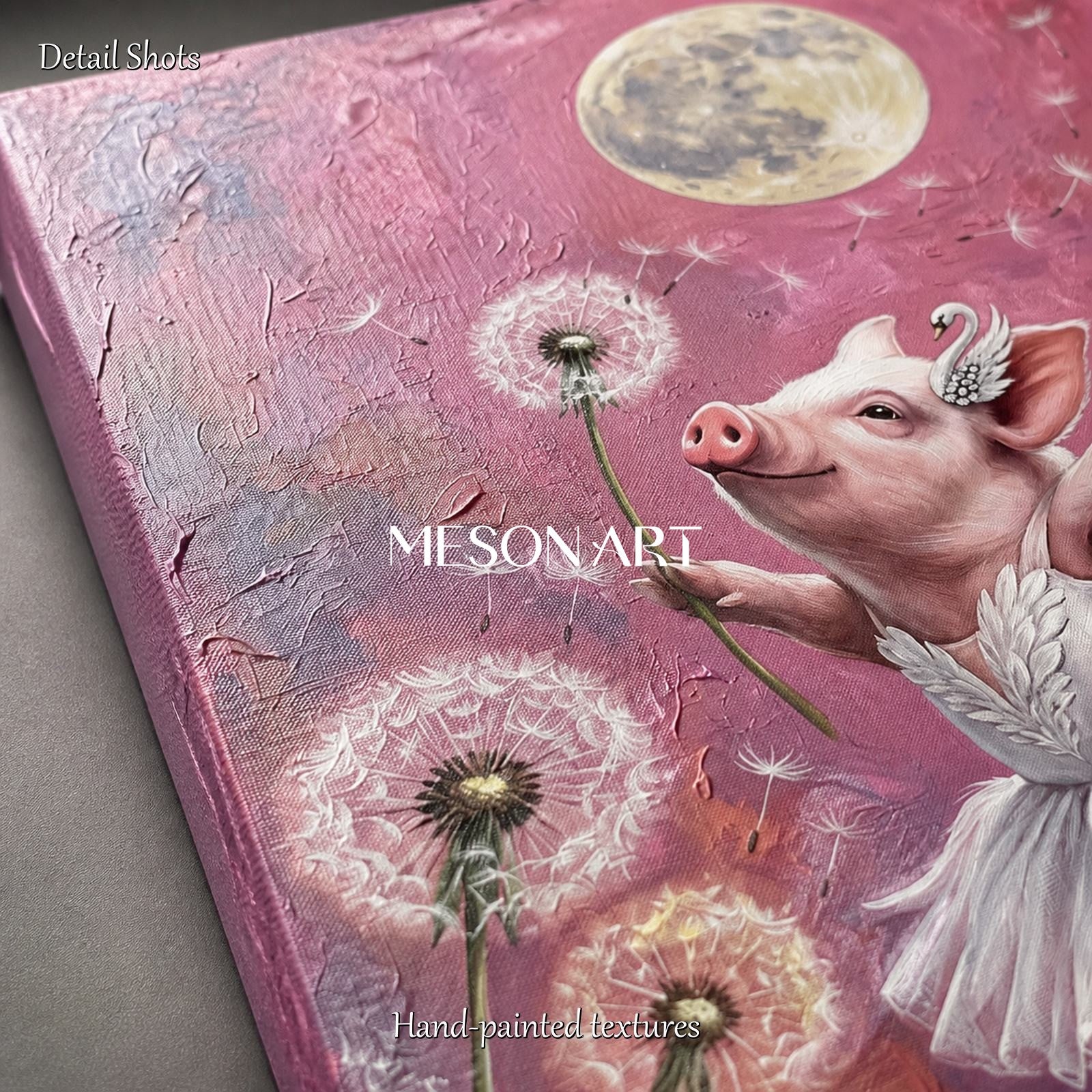 Pink And White Surrealist Painting Of Swan Dancing Pig Original Artist Rectangular Wall Art For Bedroom By Mesonart