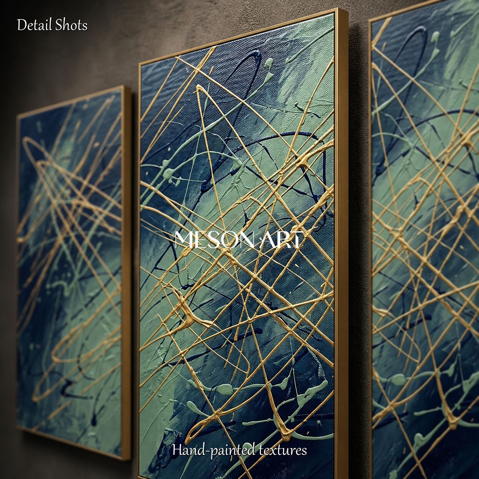 Blue And Gold Abstract Expressionism Painting Rectangular Wall Art For Living Room By Mesonart