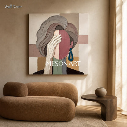 Beige And Gray Abstract Portrait Painting Square Wall Art For Living Room By Mesonart