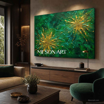 Emerald Green And Gold Abstract Painting With Fluid Motion And Metallic Accents For Modern Living Rooms