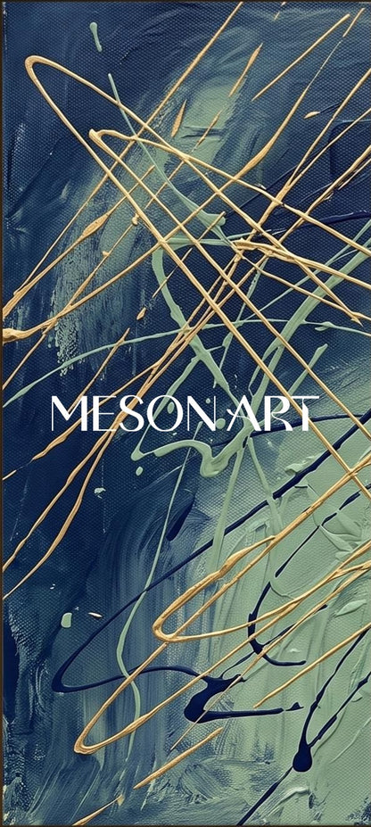 Blue And Gold Abstract Expressionism Painting Rectangular Wall Art For Living Room By Mesonart