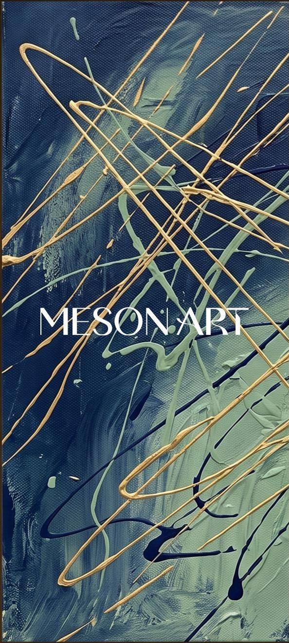 Blue And Gold Abstract Expressionism Painting Rectangular Wall Art For Living Room By Mesonart