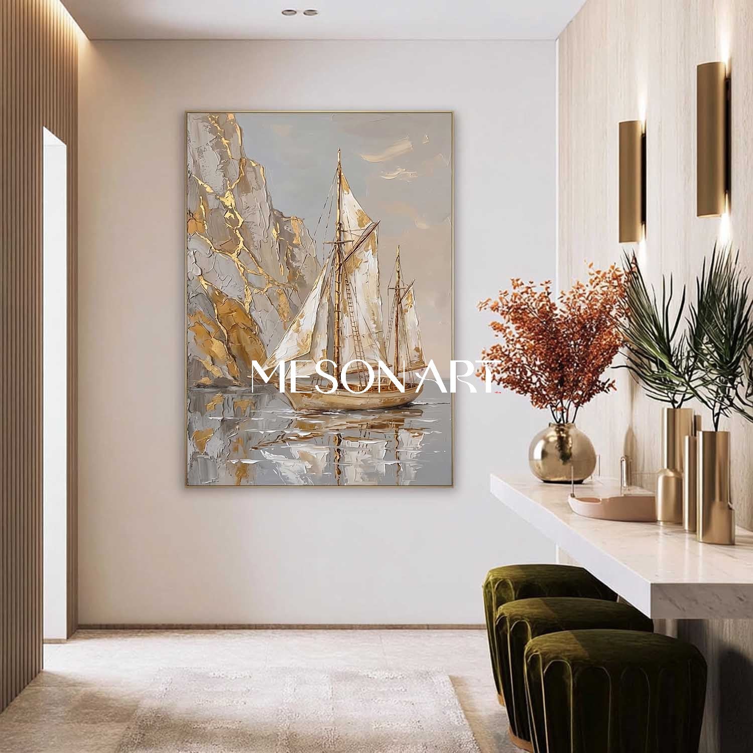 Luxury Gold Leaf Sailboat Painting With Textured Relief For Art Deco Living Room Decor