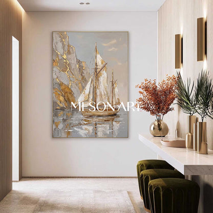 Luxury Gold Leaf Sailboat Painting With Textured Relief For Art Deco Living Room Decor