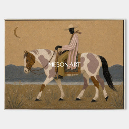 Moonlit Cowboy Horse Painting Textured Western Art For Living Room Decor