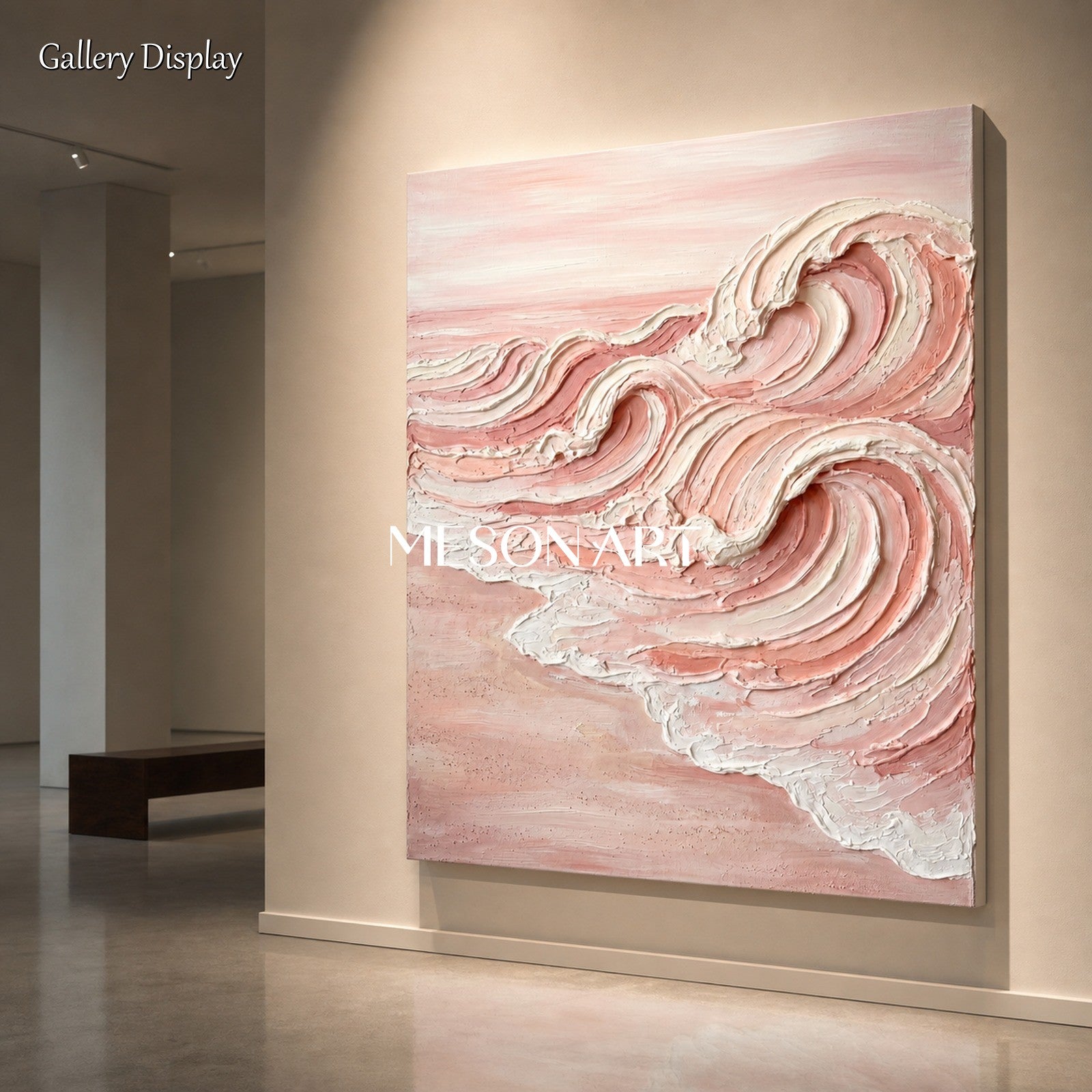 Pink Ocean Wave Painting With Thick Textured Plaster Finish For Modern Home Decor