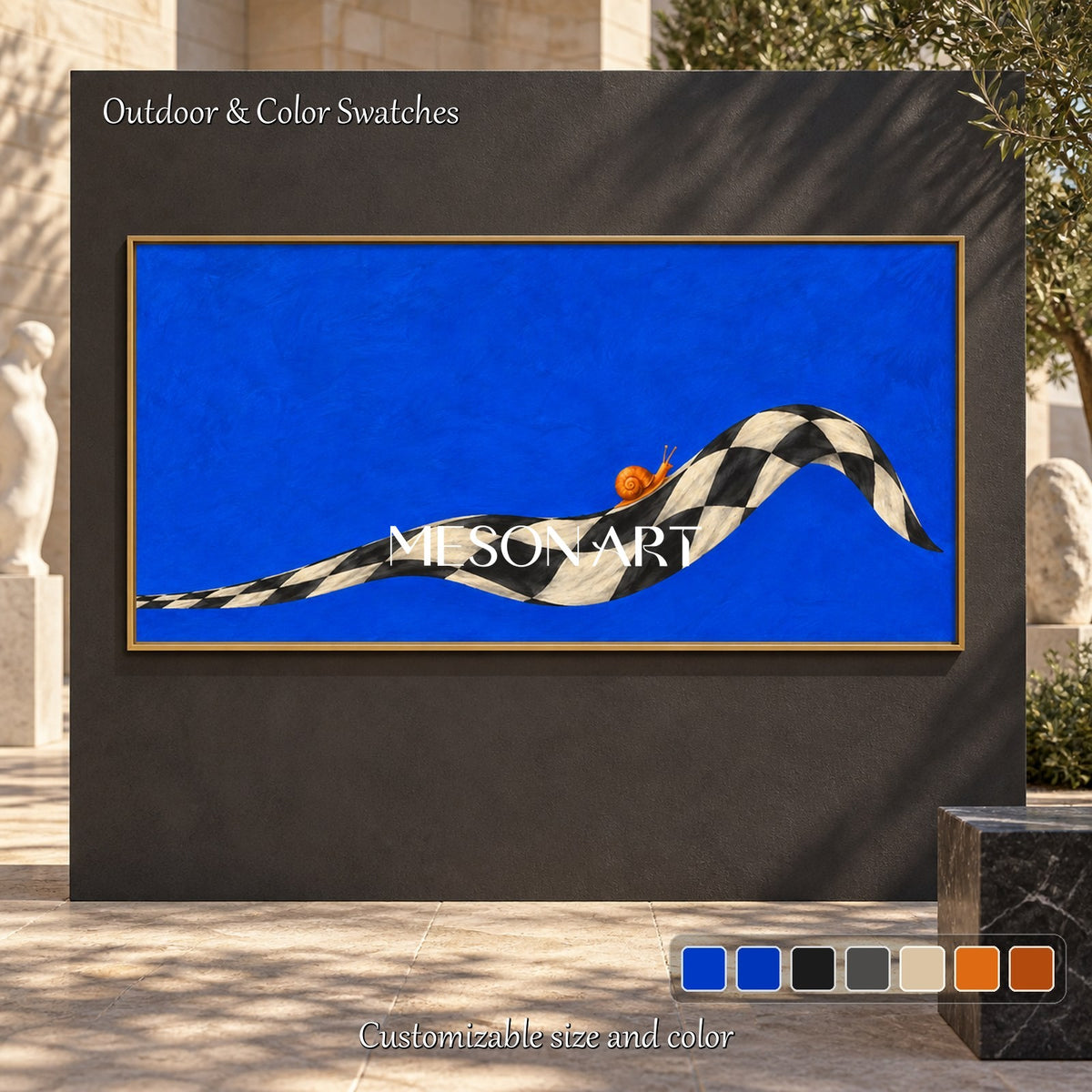 Blue And Black Surrealism Snail Painting Panoramic Wall Art For Living Room Original Artwork By Mesonart