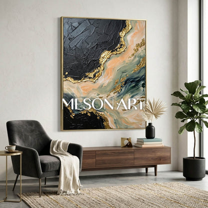 Gilded Tides Abstract Plaster Art With Gold Accents For Living Room Decor
