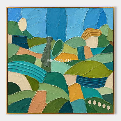 Green And Blue Abstract Landscape Painting Large Original Hand Painted Canvas Wall Art Square For Living Room By Mesonart