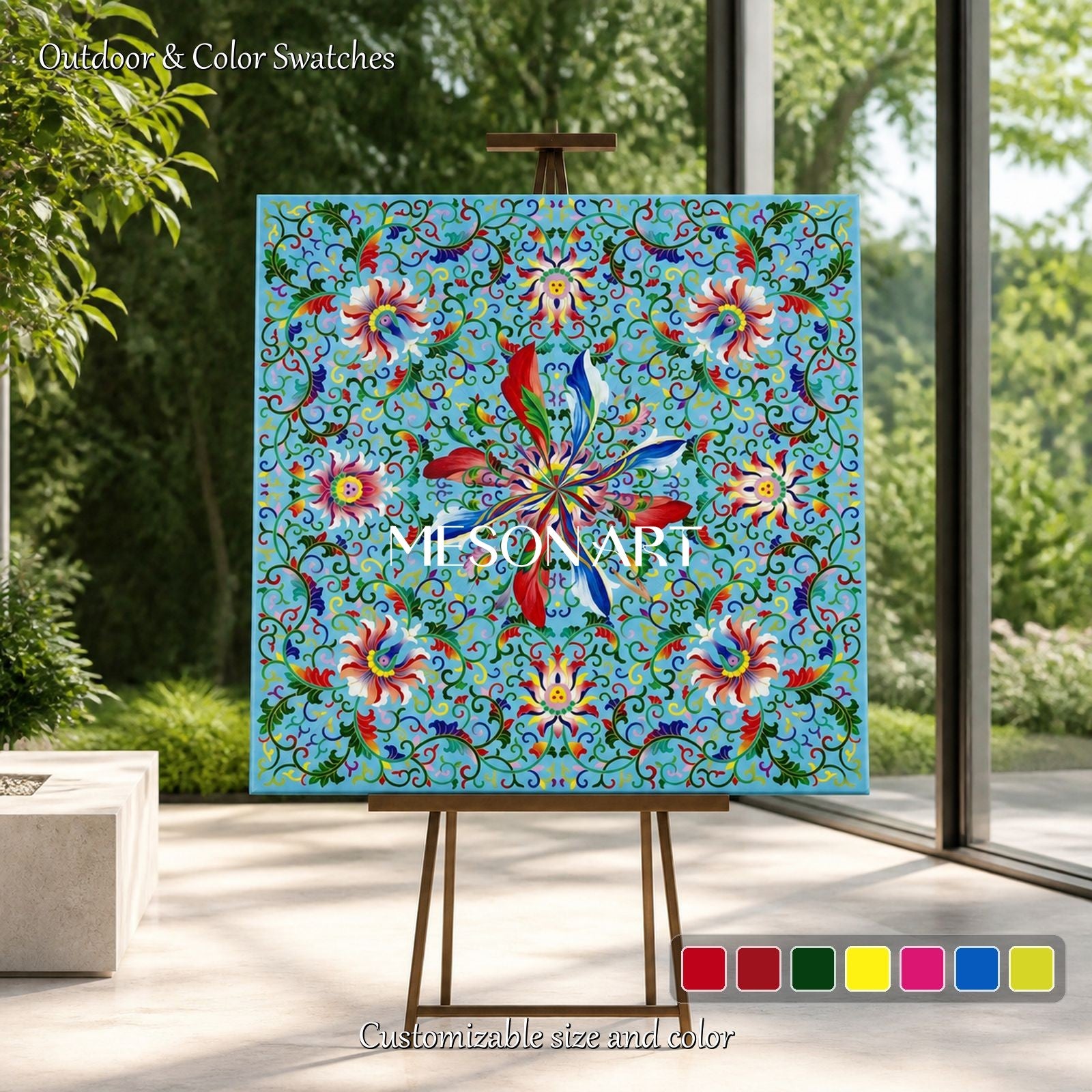 Blue And Green Islamic Geometric Floral Art Square Painting Original Artist Hand Painted By Mesonart