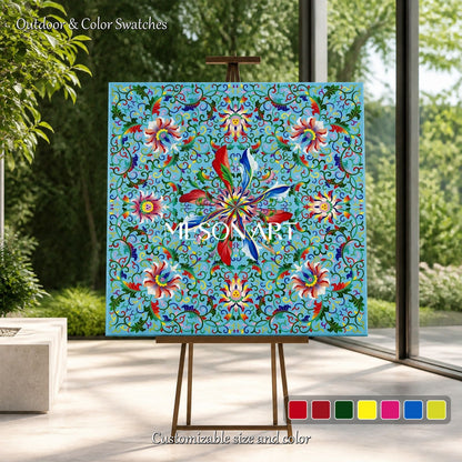 Blue And Green Islamic Geometric Floral Art Square Painting Original Artist Hand Painted By Mesonart