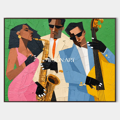 Green And Pink Pop Art Jazz Painting Modern Figurative Geometric Textured Musical Rectangular Wall Art By Mesonart