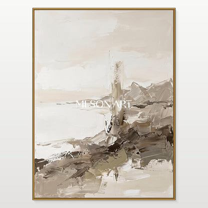 Quadro astratto raffigurante un paesaggio, nei toni del beige e del bianco, opera d'arte da parete rettangolare, opera originale dell'artista Mesonart