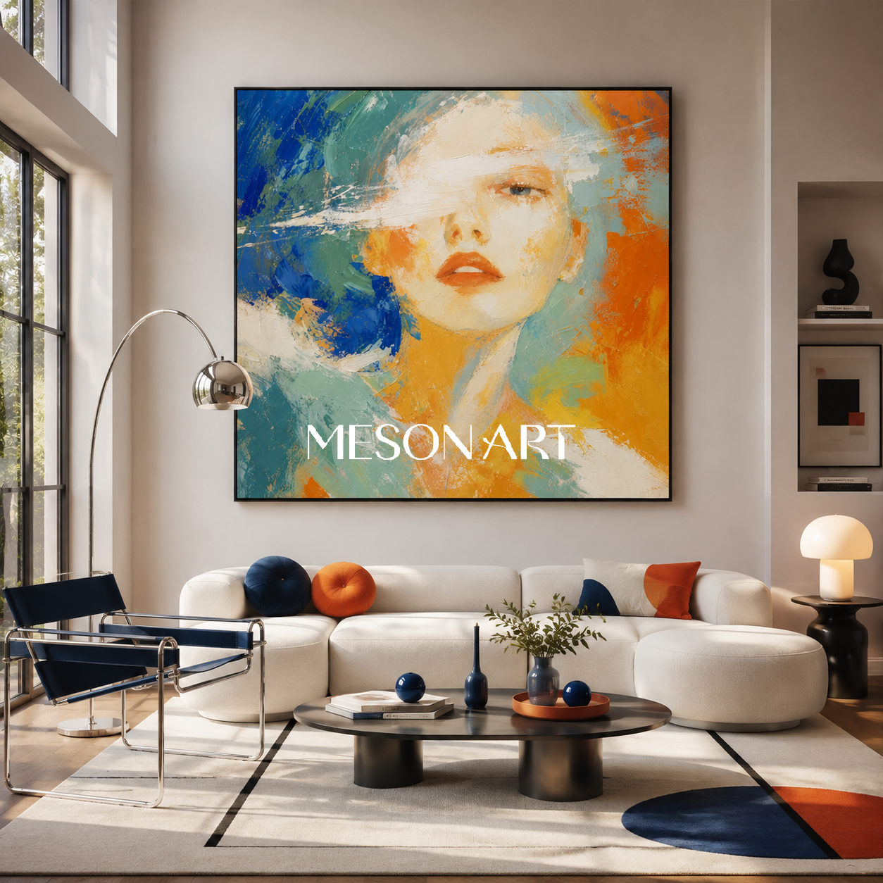 Blue And Orange Abstract Portrait Painting Colorful Contemporary Modern Woman Original Oil On Canvas Square Wall Art By Mesonart
