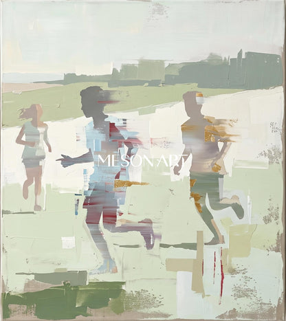 Green And Beige Abstract Sports Painting Contemporary Figurative Art Square Wall Decor By Mesonart