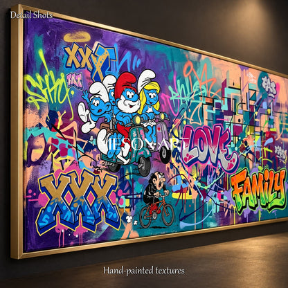 Blue And Purple Abstract Graffiti Art Large Smurf Painting Panoramic Wall Decor For Living Room By Mesonart