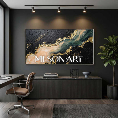 Luxury Black And Gold Plaster Abstract Art With Fluid Motion For Modern Living Room