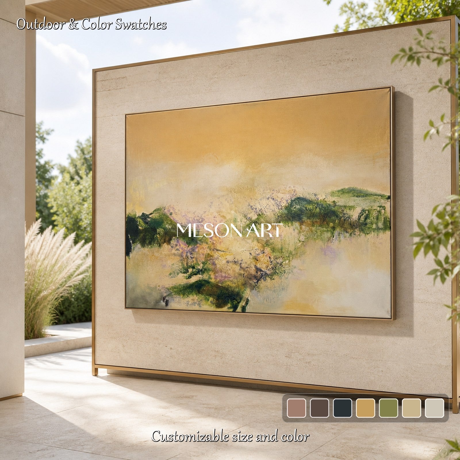 Beige And Green Abstract Expressionist Landscape Painting Rectangular Wall Art For Living Room By Mesonart