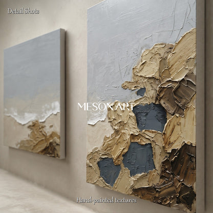 Dipinti astratti nei toni del beige e del grigio – Grande quadro rettangolare da appendere in salotto – Opera originale dell’artista Mesonart