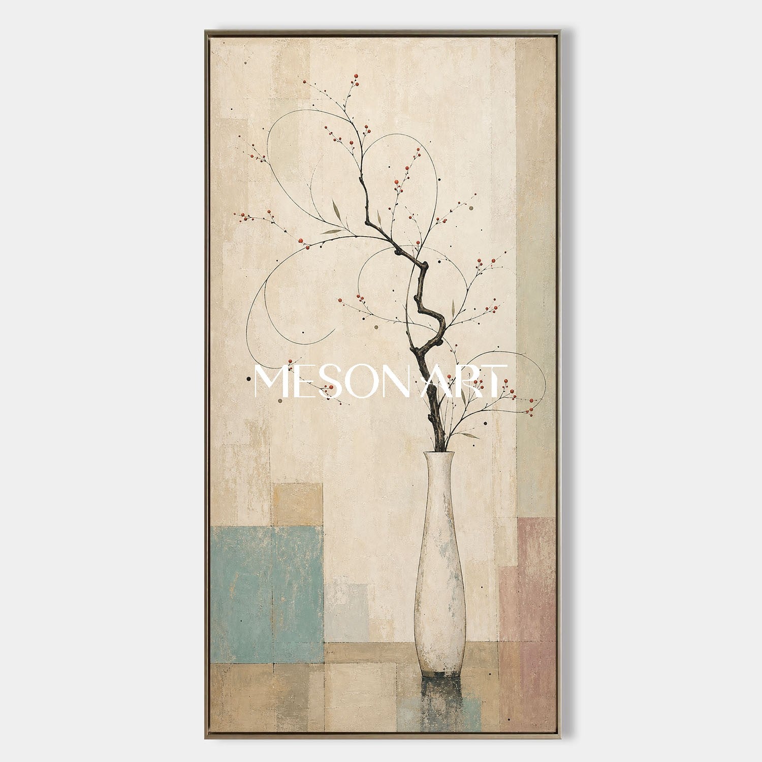 Large Vertical Floral Art Print For Entryway With Japandi Style Beige And Blue Tones