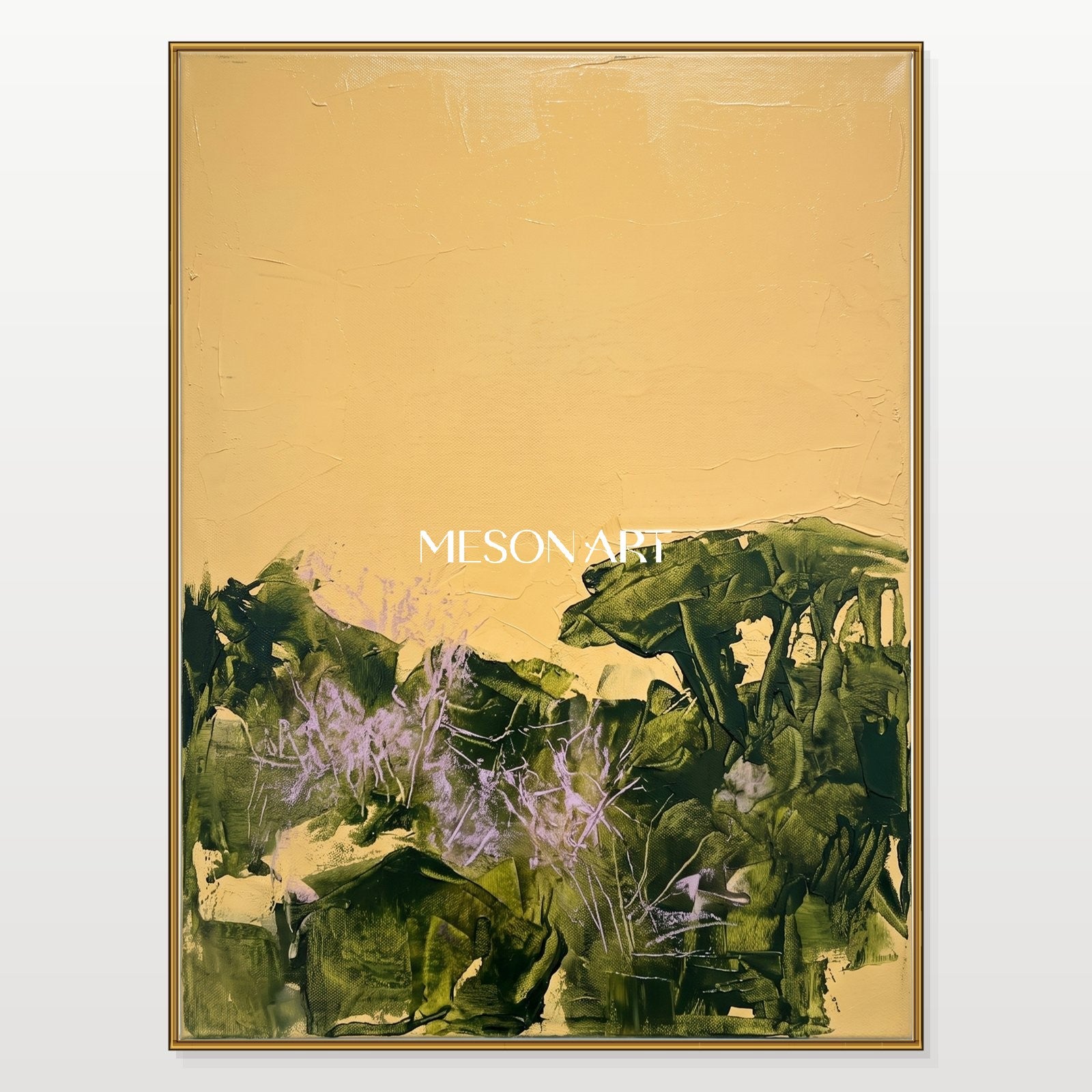 Gold And Green Abstract Expressionist Landscape Painting Rectangular Wall Art For Living Room By Mesonart
