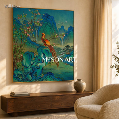 Blue And Green Gongbi Landscape Painting Rectangular Wall Art Bird And Blossom Original Artist By Mesonart