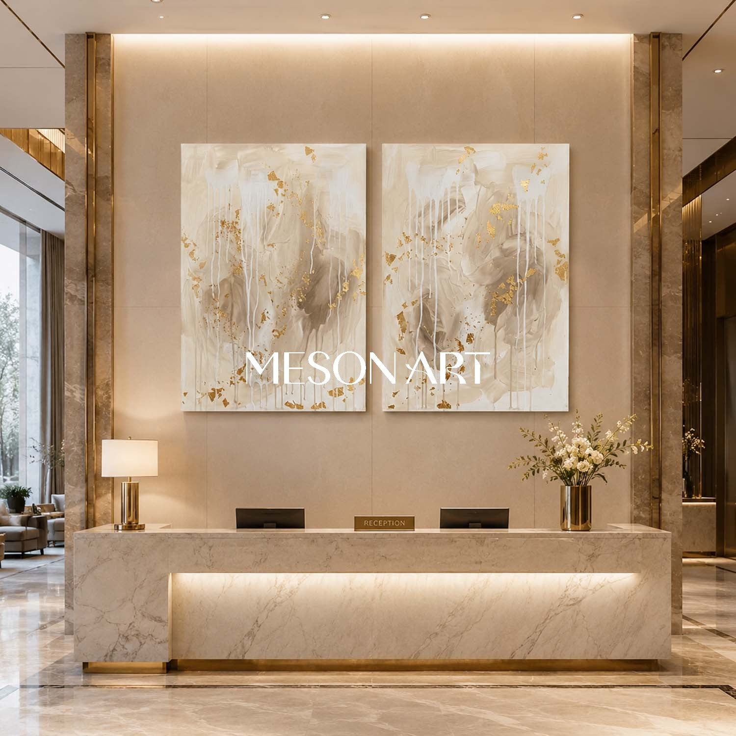 Gilded Abstract Diptych With Gold Leaf For Modern Living Room And Entryway Decor