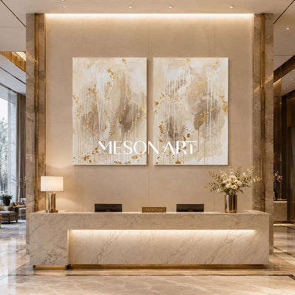 Gilded Abstract Diptych With Gold Leaf For Modern Living Room And Entryway Decor