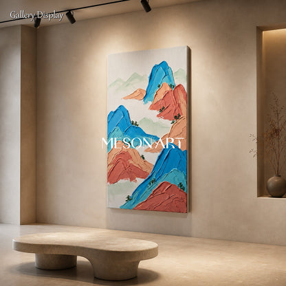Blue And Orange Mountain Landscape Art Contemporary Impasto Painting Hand Painted By Artist Panoramic Wall Decor For Living Room By Mesonart