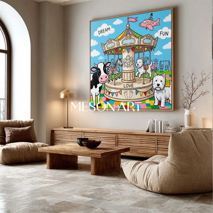 Stravagante carosello di animali dipinto per la stanza dei bambini Arte da parete con temi di amore e sogno