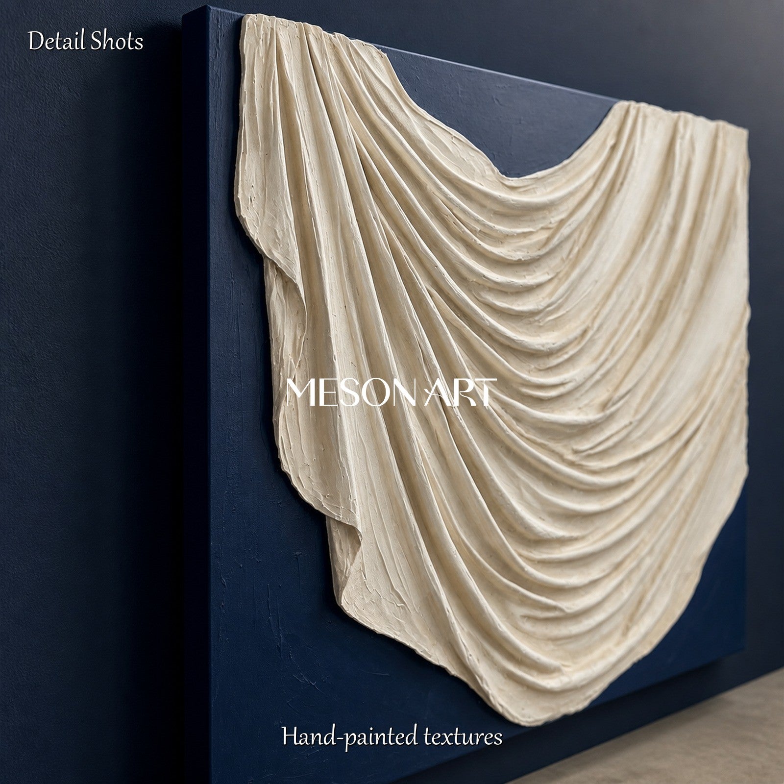 White And Blue Minimalist Textured Art Plaster Relief 3D Sculptural Wall Rectangular By Mesonart