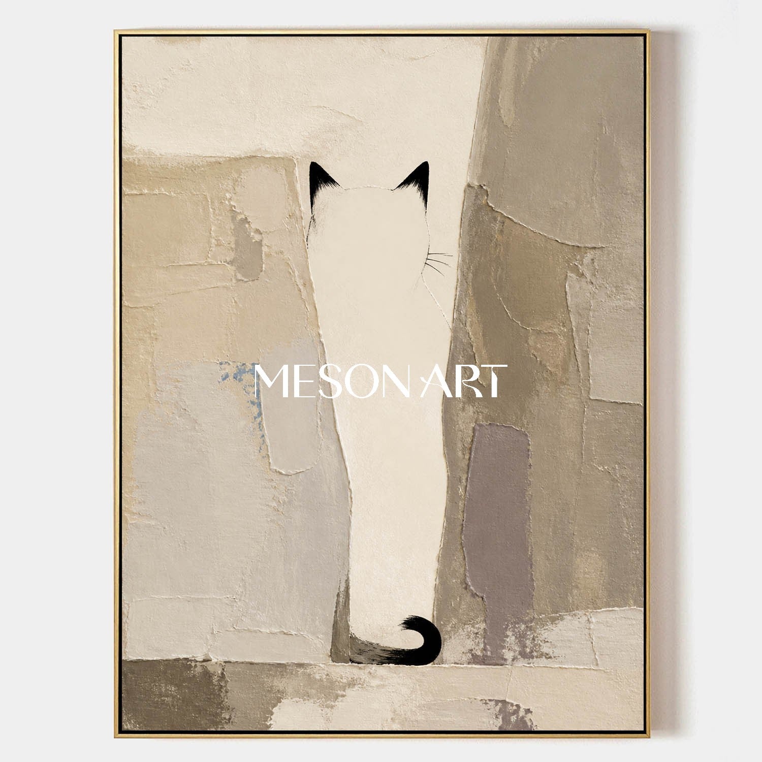 Minimalist Cat Abstract Art With Textured Beige And Black Tones For Contemporary Home Decor