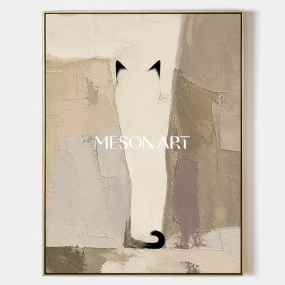 Minimalist Cat Abstract Art With Textured Beige And Black Tones For Contemporary Home Decor