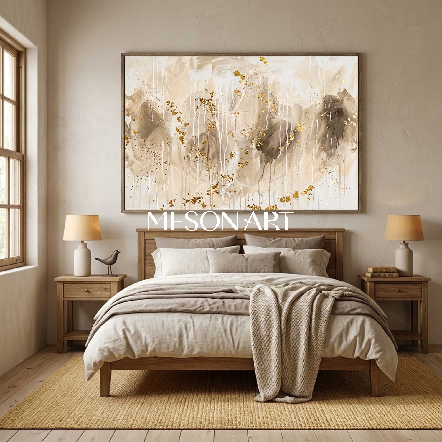 Gilded Abstract Painting With Gold Leaf And Fluid Drips For Luxury Home Decor