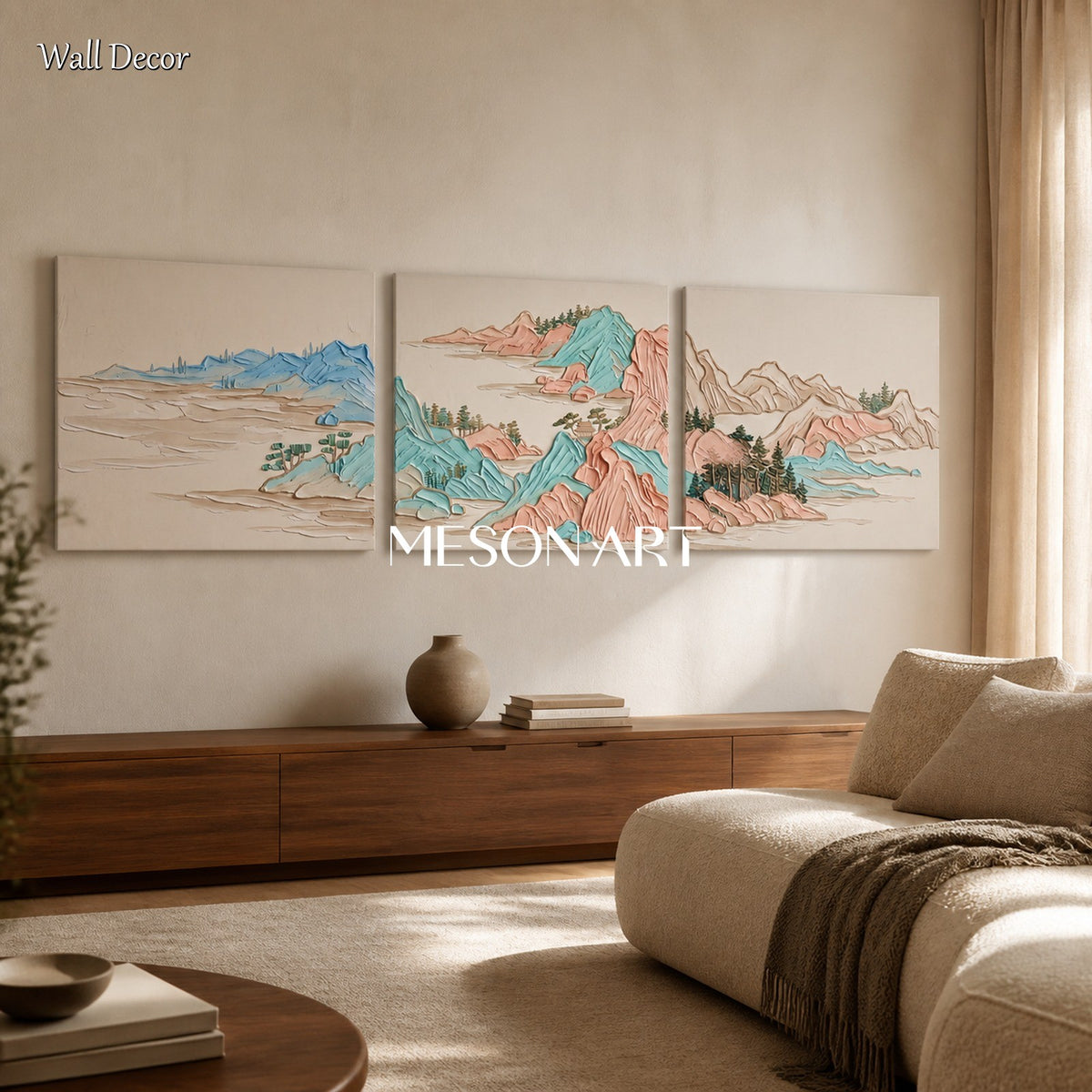 Beige And Blue Modern Impasto Mountain Painting Rectangular Wall Art For Living Room By Mesonart