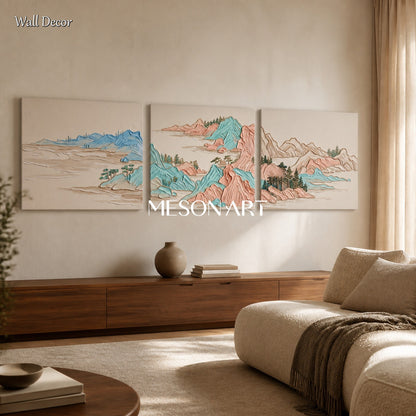 Beige And Blue Modern Impasto Mountain Painting Rectangular Wall Art For Living Room By Mesonart
