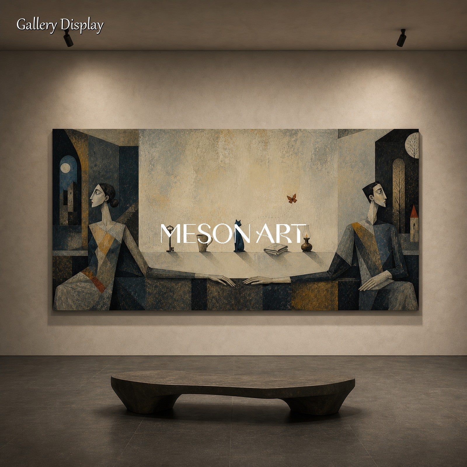Beige And Blue Surreal Cubist Panoramic Art Geometric Couple Cat Modern Expressionism Textured Canvas Wall Decor For Living Room By Mesonart
