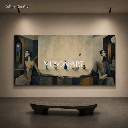 Beige And Blue Surreal Cubist Panoramic Art Geometric Couple Cat Modern Expressionism Textured Canvas Wall Decor For Living Room By Mesonart