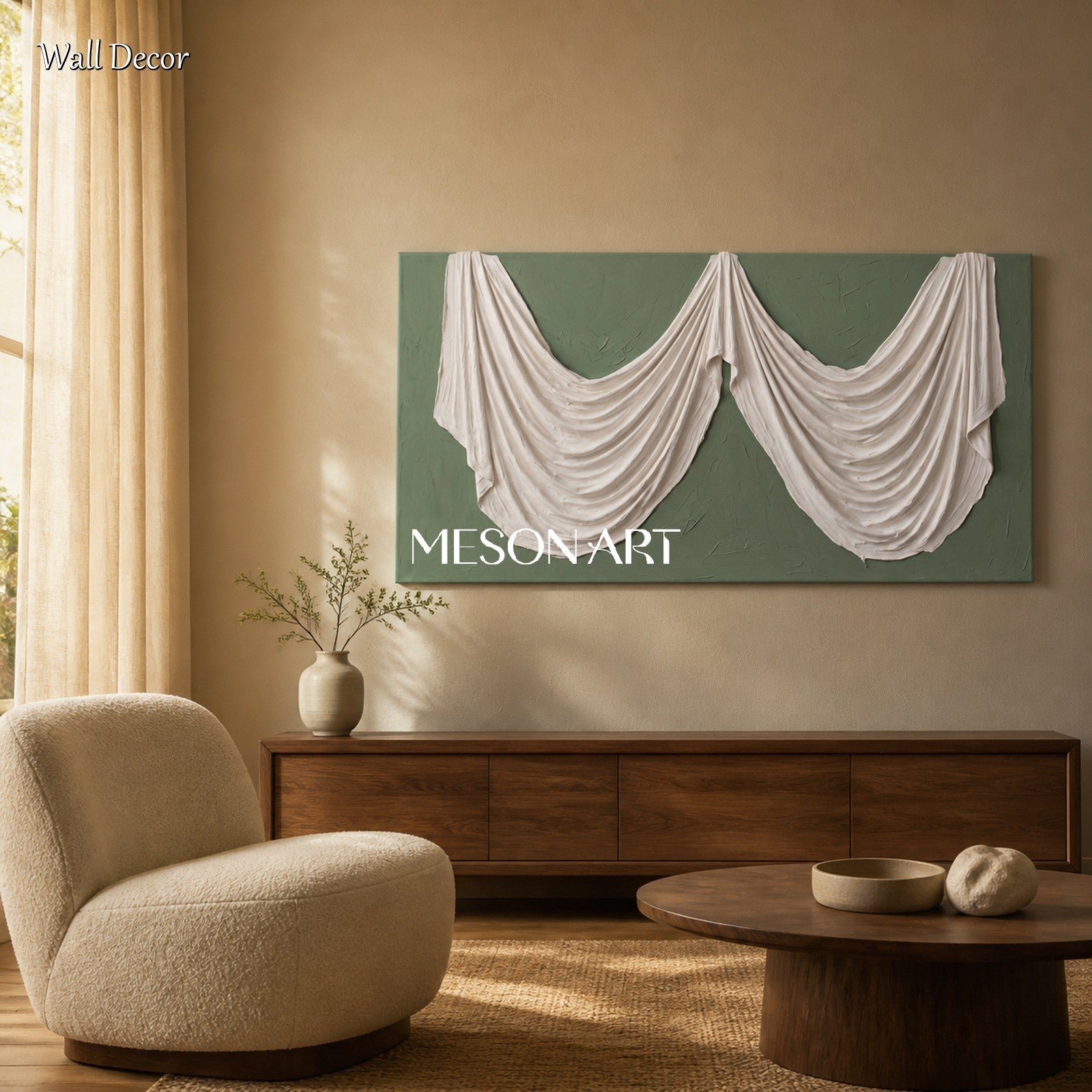 Green And White Plaster Relief Art Panoramic Sculptural Wall Decor By Mesonart