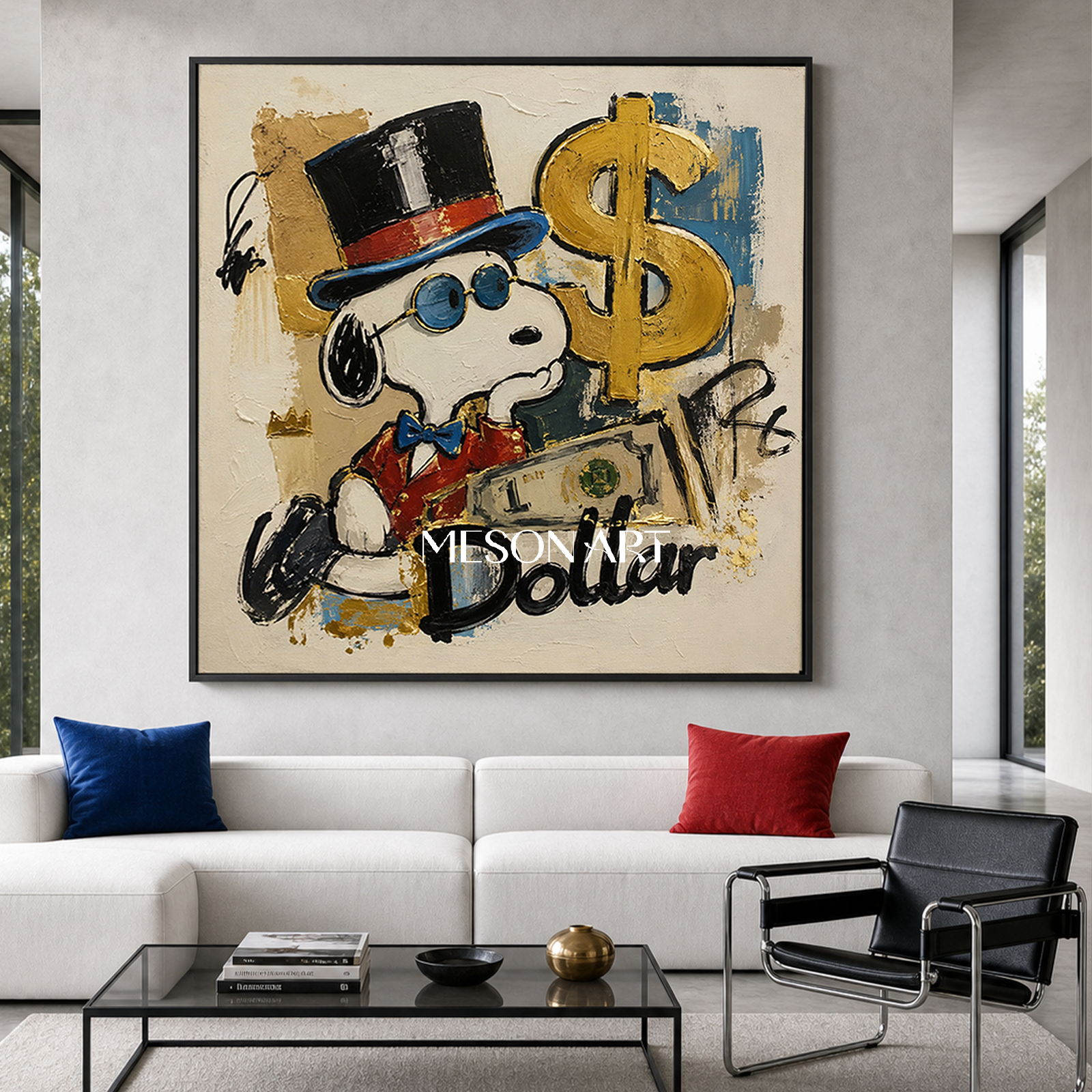 Snoopy Pop Art Painting With Gold Dollar Sign Graffiti Style Canvas Art For Living Room Decor