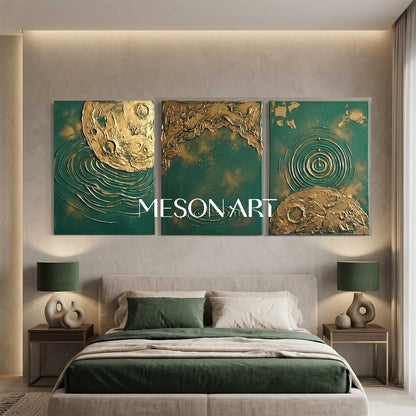 Green And Gold Textured Abstract Triptych Art For Modern Living Room Entryway Decor