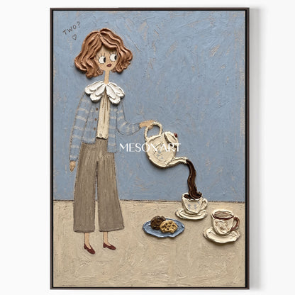 Whimsical Pop Art Painting Of Girl Pouring Tea For Modern Kitchen Wall Decor