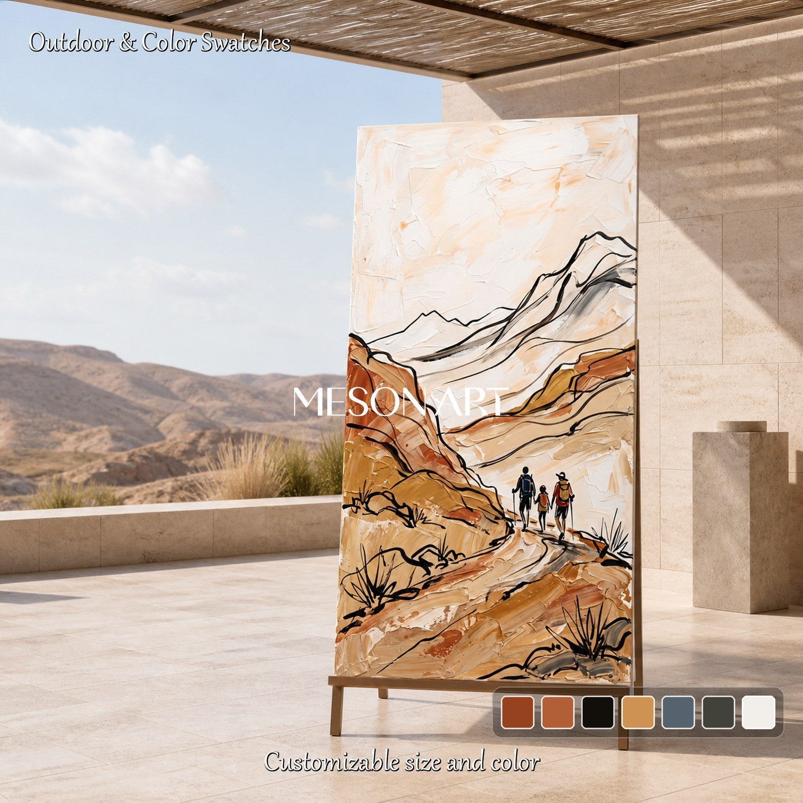 Beige And Brown Contemporary Hiking Landscape Panoramic Wall Art Original Artist Hand Painted Nature Adventure By Mesonart