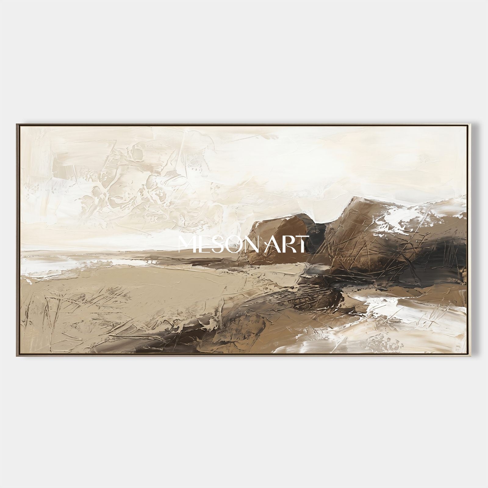 Beige And Brown Abstract Paintings For Wall Art Panoramic Framed Artwork By Mesonart