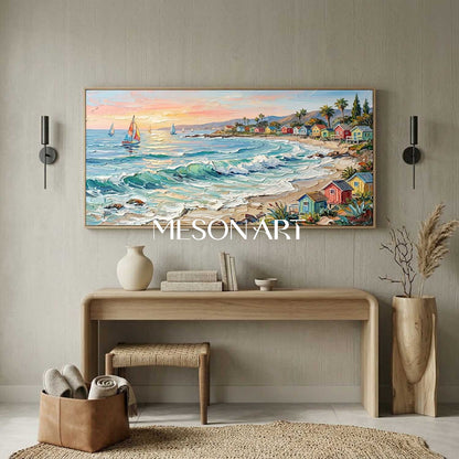 Luxury Mediterranean Coastal Oil Painting With Colorful Cottages And Turquoise Waves For Living Room