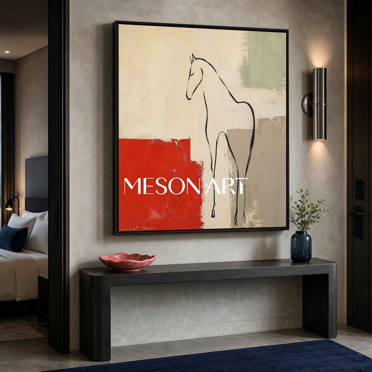Minimalist Horse Painting With Red Accent For French Romantic Living Room Decor