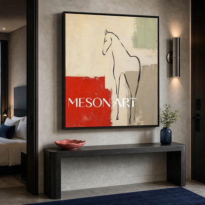 Minimalist Horse Painting With Red Accent For French Romantic Living Room Decor