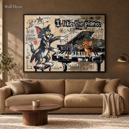 Beige And Black Cartoon Wall Art Rectangular Pop Anime Original Artist Hand Painted Tom And Jerry By Mesonart