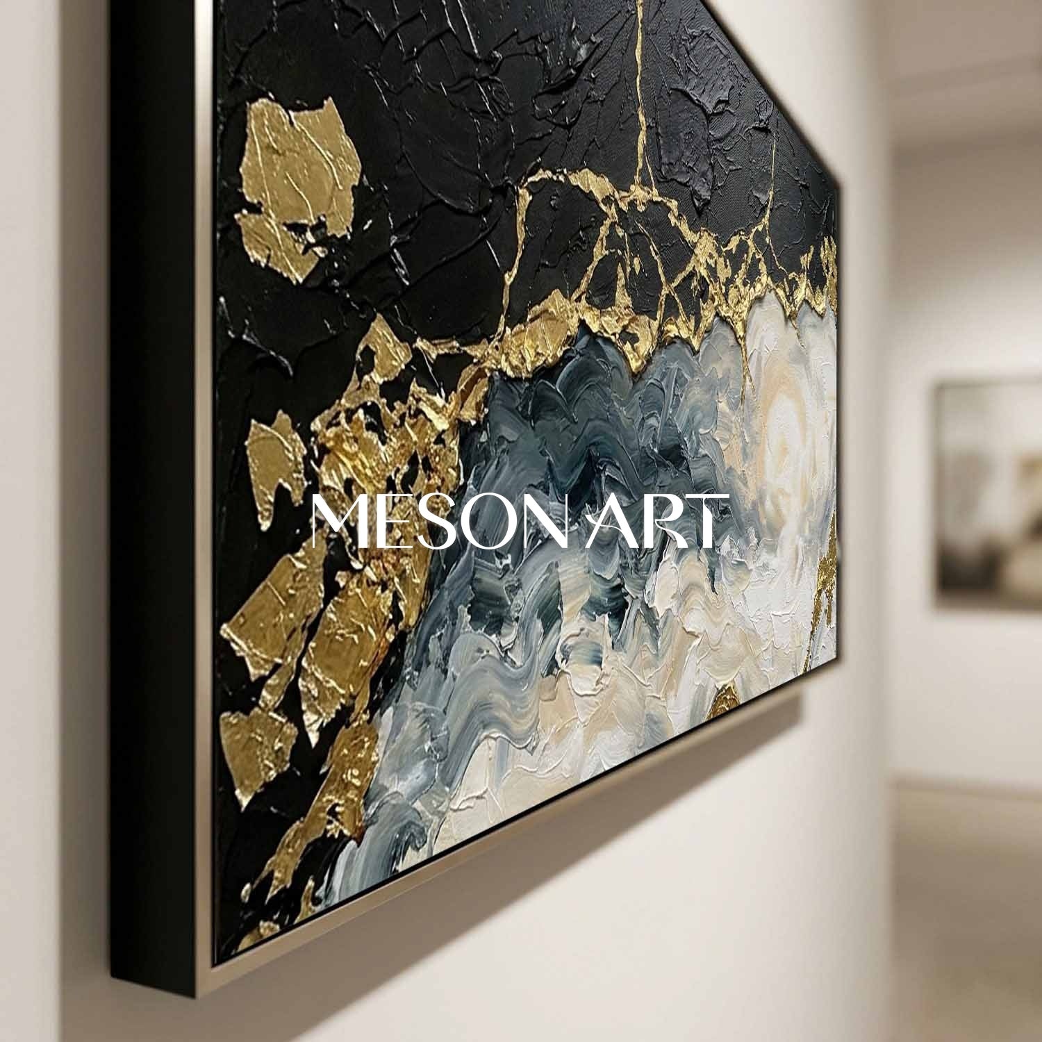Large Black And Gold Abstract Painting With Plaster Texture For Modern Living Room Decor